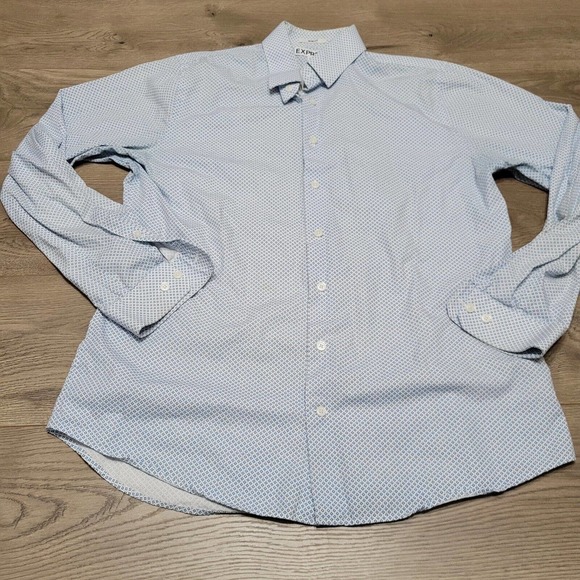 Express Shirt Mens Large White Blue Geometric Button Up Preppy Classiccore Dad - Picture 2 of 6